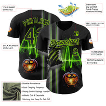 Load image into Gallery viewer, Custom Black Neon Green 3D Halloween Spooky Pumpkin Scratch Authentic Baseball Jersey
