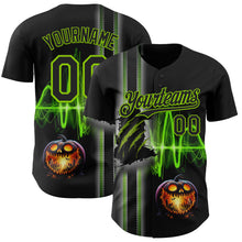 Load image into Gallery viewer, Custom Black Neon Green 3D Halloween Spooky Pumpkin Scratch Authentic Baseball Jersey
