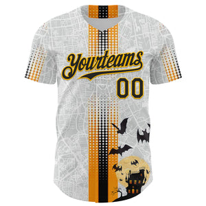 Custom White Black-Gold 3D Halloween Spooky Bat Stripe Authentic Baseball Jersey