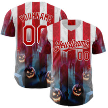 Load image into Gallery viewer, Custom Red Blue-White 3D Halloween Spooky Pumpkin Stripe Authentic Baseball Jersey
