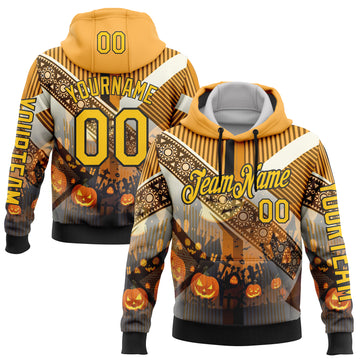 Custom Yellow Black 3D Halloween Pumpkin Spooky Stripe Sports Pullover Sweatshirt Hoodie
