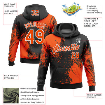 Custom Stitched Black Orange-White 3D Pattern Design Abstract Brush Stroke Sports Pullover Sweatshirt Hoodie