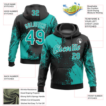Custom Stitched Black Aqua-White 3D Pattern Design Abstract Brush Stroke Sports Pullover Sweatshirt Hoodie