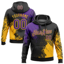 Load image into Gallery viewer, Custom Stitched Black Purple-Gold 3D Pattern Design Abstract Brush Stroke Sports Pullover Sweatshirt Hoodie
