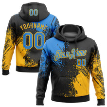 Load image into Gallery viewer, Custom Stitched Black Powder Blue-Gold 3D Pattern Design Abstract Brush Stroke Sports Pullover Sweatshirt Hoodie
