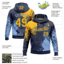 Load image into Gallery viewer, Custom Stitched Navy Gold-Light Blue 3D Pattern Design Abstract Brush Stroke Sports Pullover Sweatshirt Hoodie
