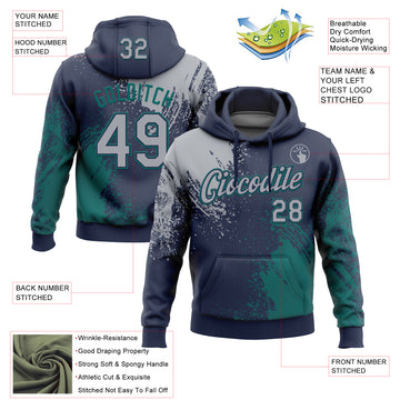 Custom Stitched Navy Gray-Teal 3D Pattern Design Abstract Brush Stroke Sports Pullover Sweatshirt Hoodie