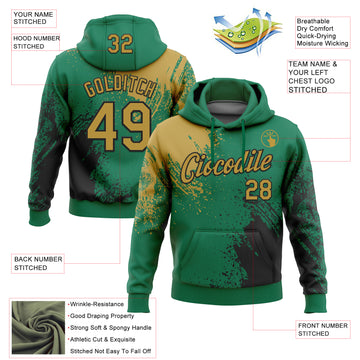 Custom Stitched Kelly Green Old Gold-Black 3D Pattern Design Abstract Brush Stroke Sports Pullover Sweatshirt Hoodie