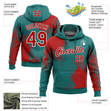 Custom Stitched Teal Red-White 3D Pattern Design Abstract Brush Stroke Sports Pullover Sweatshirt Hoodie