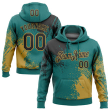 Load image into Gallery viewer, Custom Stitched Teal Black-Old Gold 3D Pattern Design Abstract Brush Stroke Sports Pullover Sweatshirt Hoodie
