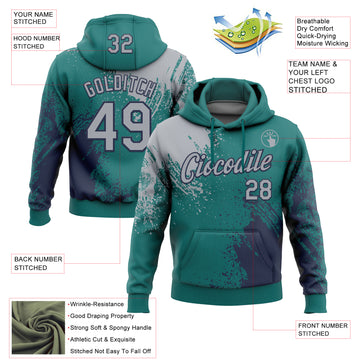 Custom Stitched Teal Gray-Navy 3D Pattern Design Abstract Brush Stroke Sports Pullover Sweatshirt Hoodie