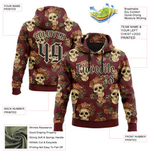 Load image into Gallery viewer, Custom Burgundy Black-City Cream 3D Skull Roses Gothic Vintage Sports Pullover Sweatshirt Hoodie
