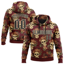Load image into Gallery viewer, Custom Burgundy Black-City Cream 3D Skull Roses Gothic Vintage Sports Pullover Sweatshirt Hoodie
