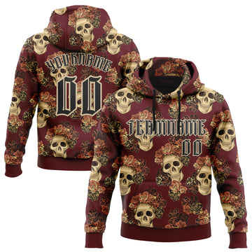 Custom Burgundy Black-City Cream 3D Skull Roses Gothic Vintage Sports Pullover Sweatshirt Hoodie