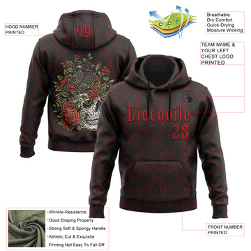Custom Black Red 3D Skull Roses Gothic Royalty Crow Floral Sports Pullover Sweatshirt Hoodie