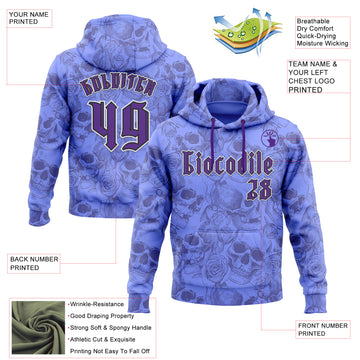 Custom Purple White-Black 3D Skull Roses Gothic Vintage Sports Pullover Sweatshirt Hoodie