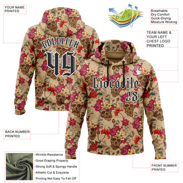 Custom Brown Black-White 3D Skull Roses Gothic Floral Vintage Sports Pullover Sweatshirt Hoodie