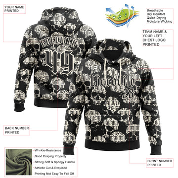 Custom Black Cream 3D Skull Gothic Vintage Grunge Art Sports Pullover Sweatshirt Hoodie
