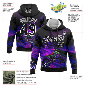 Custom Stitched Black White 3D Pattern Design Flame Motorcycle Motocross Racing Sports Pullover Sweatshirt Hoodie