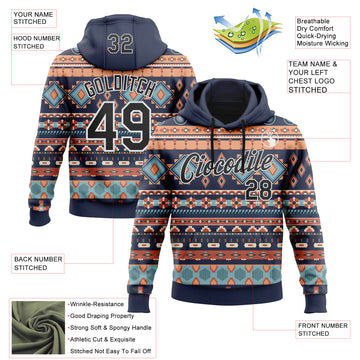 Custom Stitched Navy Black-White 3D Pattern Design Tribal Ethnic Native American Sports Pullover Sweatshirt Hoodie