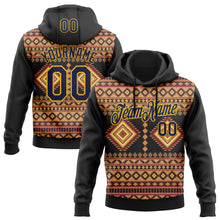 Load image into Gallery viewer, Custom Stitched Black Navy-Gold 3D Pattern Design Tribal Ethnic Native American Sports Pullover Sweatshirt Hoodie
