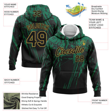Custom Stitched Black Kelly Green-Old Gold 3D Pattern Design Splash Grunge Art Sports Pullover Sweatshirt Hoodie
