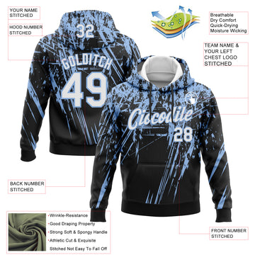 Custom Stitched Black White-Light Blue 3D Pattern Design Splash Grunge Art Sports Pullover Sweatshirt Hoodie