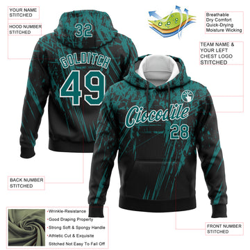 Custom Stitched Black Teal-White 3D Pattern Design Splash Grunge Art Sports Pullover Sweatshirt Hoodie