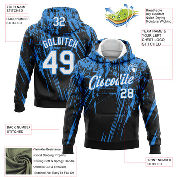Custom Stitched Black White-Powder Blue 3D Pattern Design Splash Grunge Art Sports Pullover Sweatshirt Hoodie