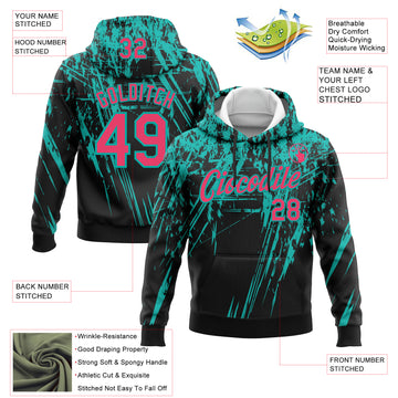 Custom Stitched Black Neon Pink-Aqua 3D Pattern Design Splash Grunge Art Sports Pullover Sweatshirt Hoodie