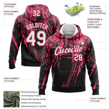 Custom Stitched Black White-Neon Pink 3D Pattern Design Splash Grunge Art Sports Pullover Sweatshirt Hoodie