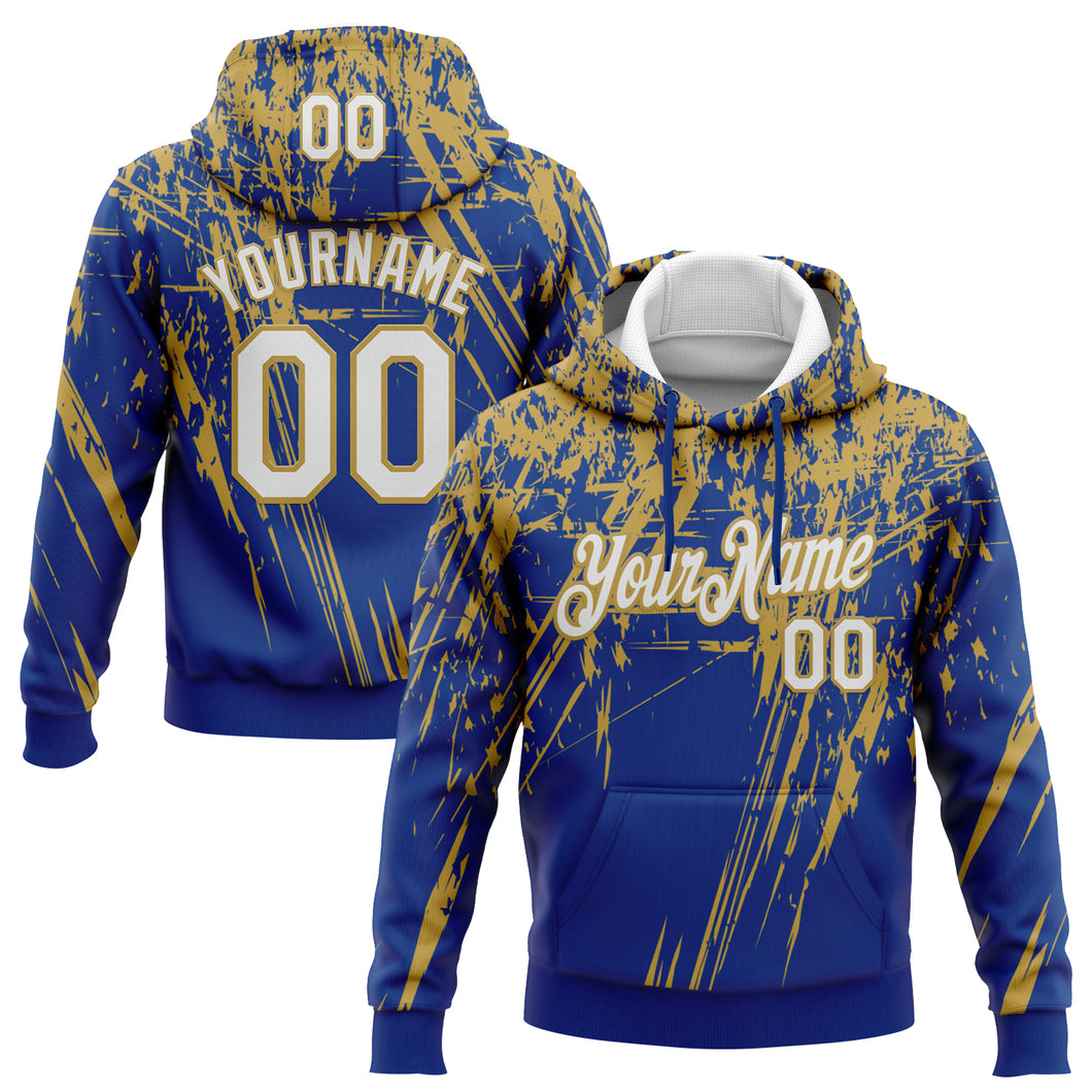 Custom Stitched Royal White-Old Gold 3D Pattern Design Splash Grunge Art Sports Pullover Sweatshirt Hoodie