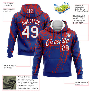 Custom Stitched Royal White-Red 3D Pattern Design Splash Grunge Art Sports Pullover Sweatshirt Hoodie