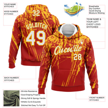 Custom Stitched Red White-Gold 3D Pattern Design Splash Grunge Art Sports Pullover Sweatshirt Hoodie