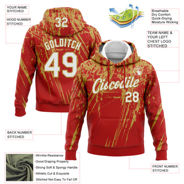 Custom Stitched Red White-Old Gold 3D Pattern Design Splash Grunge Art Sports Pullover Sweatshirt Hoodie