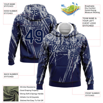 Custom Stitched Navy Gray 3D Pattern Design Splash Grunge Art Sports Pullover Sweatshirt Hoodie