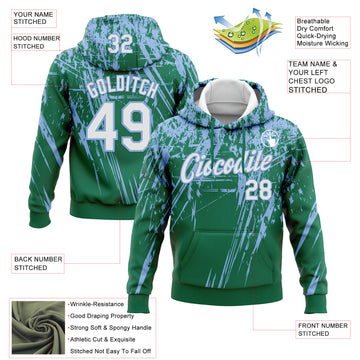 Custom Stitched Kelly Green White-Light Blue 3D Pattern Design Splash Grunge Art Sports Pullover Sweatshirt Hoodie