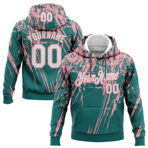 Custom Stitched Teal White-Medium Pink 3D Pattern Design Splash Grunge Art Sports Pullover Sweatshirt Hoodie