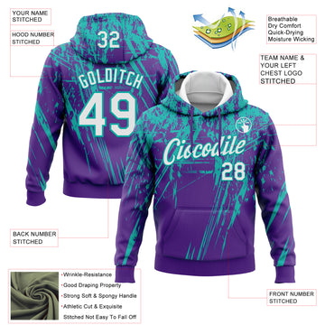 Custom Stitched Purple White-Aqua 3D Pattern Design Splash Grunge Art Sports Pullover Sweatshirt Hoodie