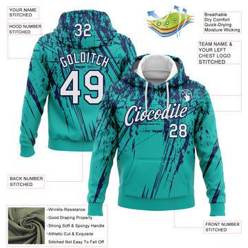 Custom Stitched Aqua White-Navy 3D Pattern Design Splash Grunge Art Sports Pullover Sweatshirt Hoodie