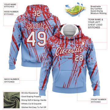 Custom Stitched Light Blue White-Red 3D Pattern Design Splash Grunge Art Sports Pullover Sweatshirt Hoodie