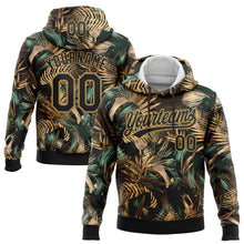 Laden Sie das Bild in den Galerie-Viewer, Custom Stitched Black Old Gold 3D Tropical Leaves In The Style Of Jungle And Hawaii Sports Pullover Sweatshirt Hoodie
