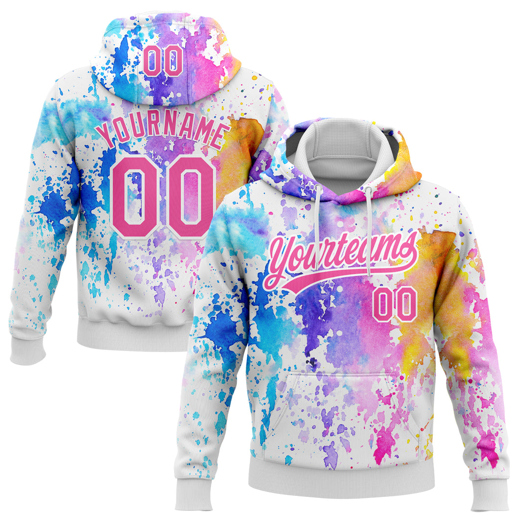 Custom Stitched White Pink 3D Pattern Design Watercolor Grunge Art Sports Pullover Sweatshirt Hoodie