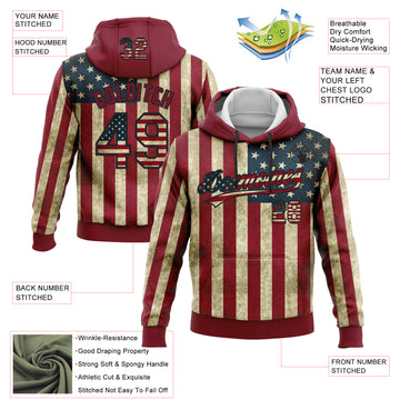 Custom Stitched Crimson Vintage USA Flag Cream-Black 3D American Flag Sports Pullover Sweatshirt Hoodie