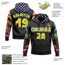 Load image into Gallery viewer, Custom Black Yellow-Sky Blue 3D Skull American Flag Inspired Graffiti Sports Pullover Sweatshirt Hoodie
