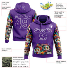 Load image into Gallery viewer, Custom Purple White 3D Skull Calavera Day Of The Dead Dia de los Muertos Sports Pullover Sweatshirt Hoodie
