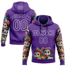 Load image into Gallery viewer, Custom Purple White 3D Skull Calavera Day Of The Dead Dia de los Muertos Sports Pullover Sweatshirt Hoodie
