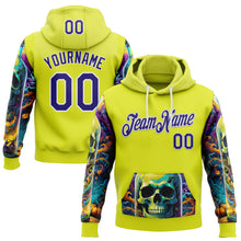 Load image into Gallery viewer, Custom Neon Yellow Dark Purple-White 3D Skull Psychedelic Sports Pullover Sweatshirt Hoodie

