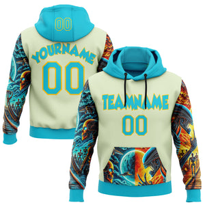 Custom Green Lakes Blue-Yellow 3D Skull Alien Sports Pullover Sweatshirt Hoodie