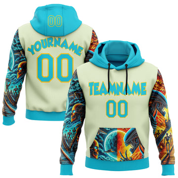 Custom Green Lakes Blue-Yellow 3D Skull Alien Sports Pullover Sweatshirt Hoodie